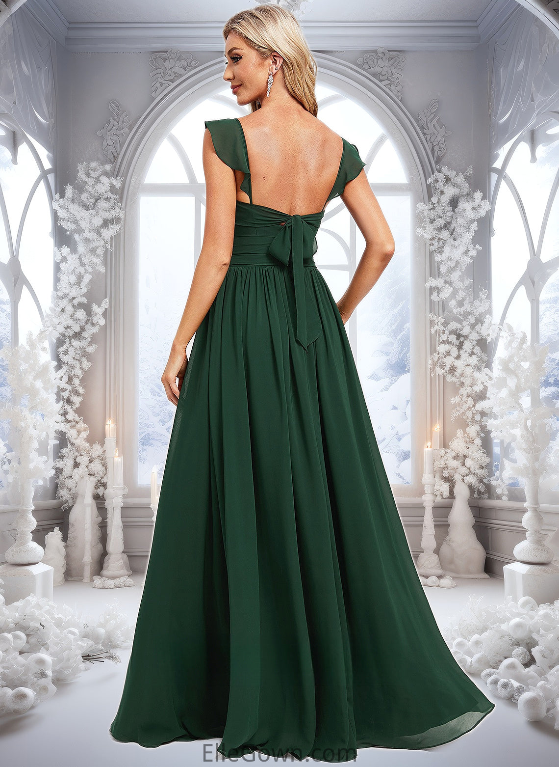 Paola A-line V-Neck Floor-Length Chiffon Bridesmaid Dress With Ruffle DEP0025811