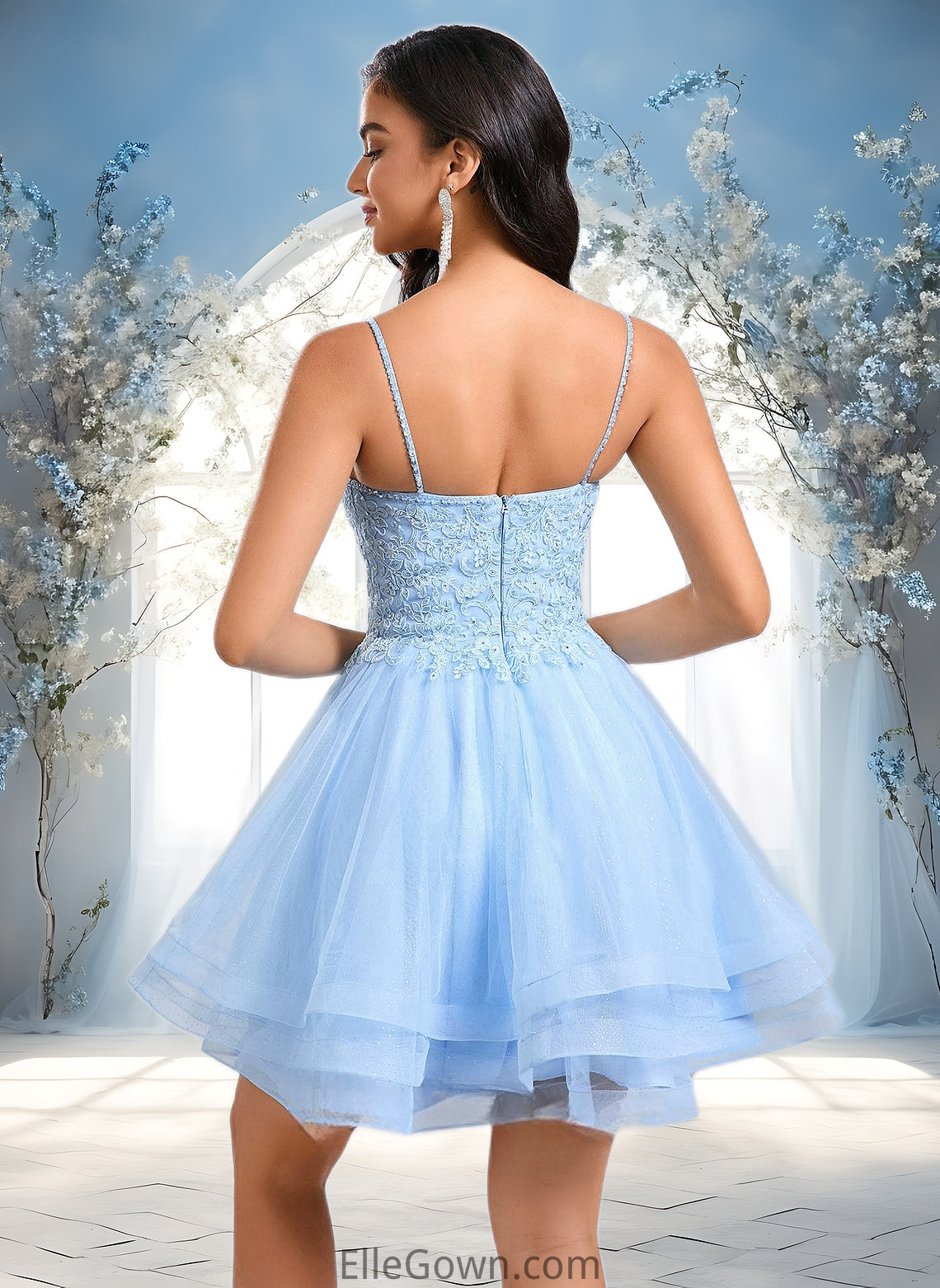 Mildred A-line V-Neck Short Lace Tulle Homecoming Dress With Rhinestone Sequins DEP0025658