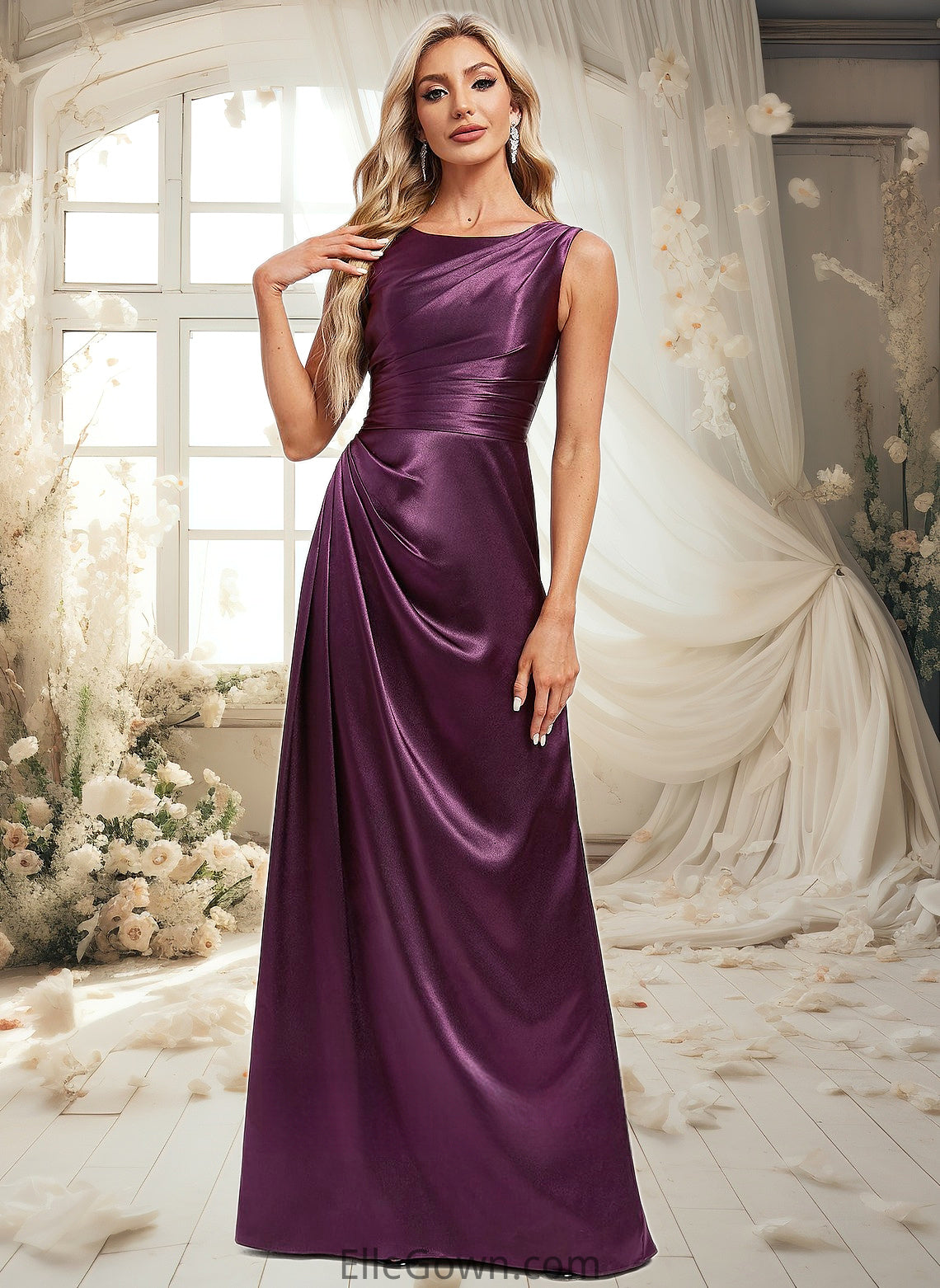 Gia A-line Scoop Floor-Length Stretch Satin Bridesmaid Dress DEP0025829