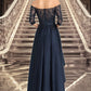 Carla A-line Off the Shoulder Asymmetrical Lace Satin Homecoming Dress With Sequins DEP0020580