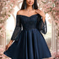 Danica A-line Off the Shoulder Short Satin Homecoming Dress With Sequins DEP0025651