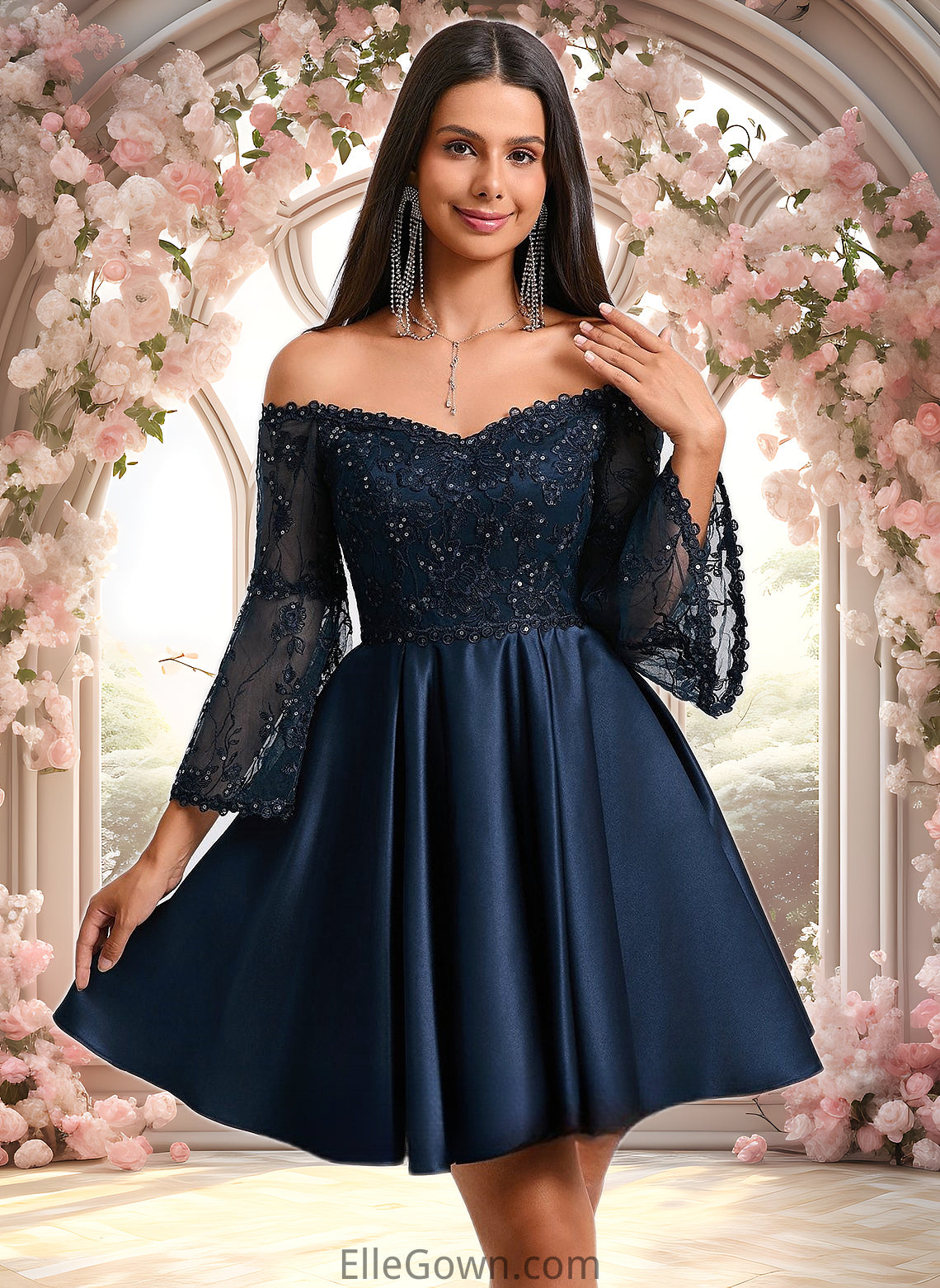 Danica A-line Off the Shoulder Short Satin Homecoming Dress With Sequins DEP0025651