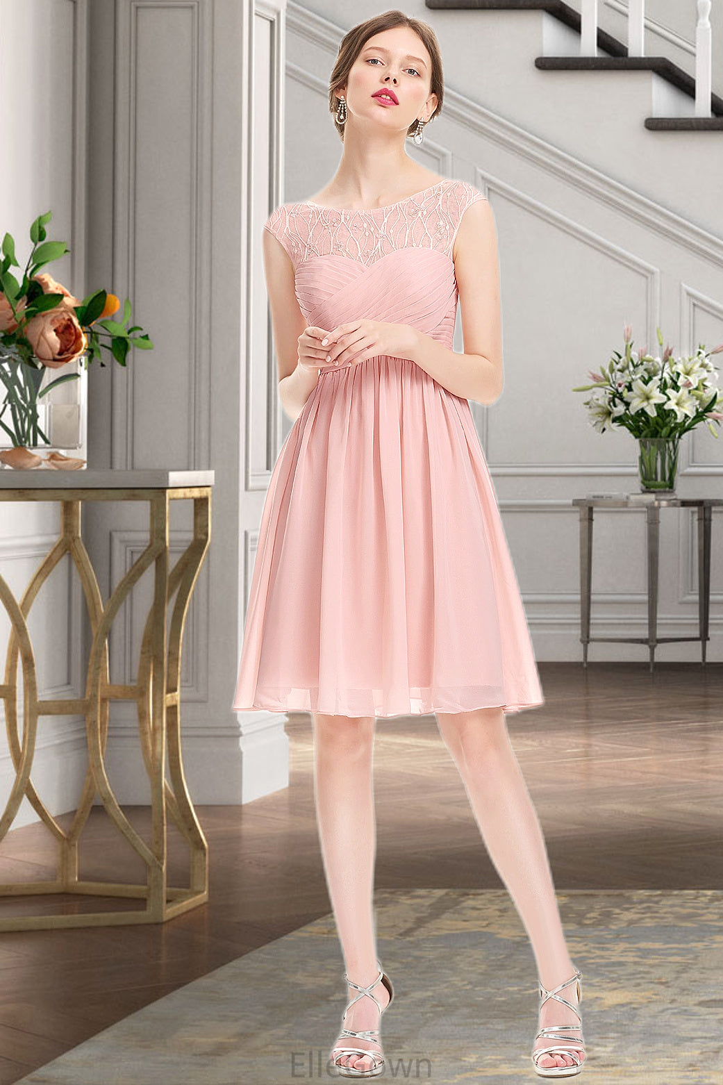 Brooklyn A-line Scoop Knee-Length Chiffon Tulle Homecoming Dress With Beading Ruffle DEP0020594