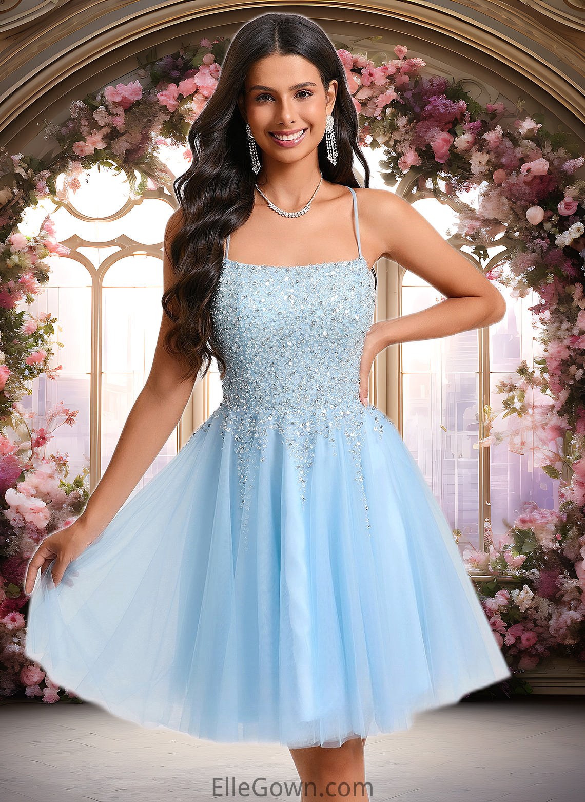 Harriet A-line Scoop Short Tulle Sequin Homecoming Dress With Sequins Beading DEP0025706