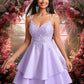 Shaylee A-line V-Neck Short Satin Homecoming Dress With Appliques Lace DEP0025692