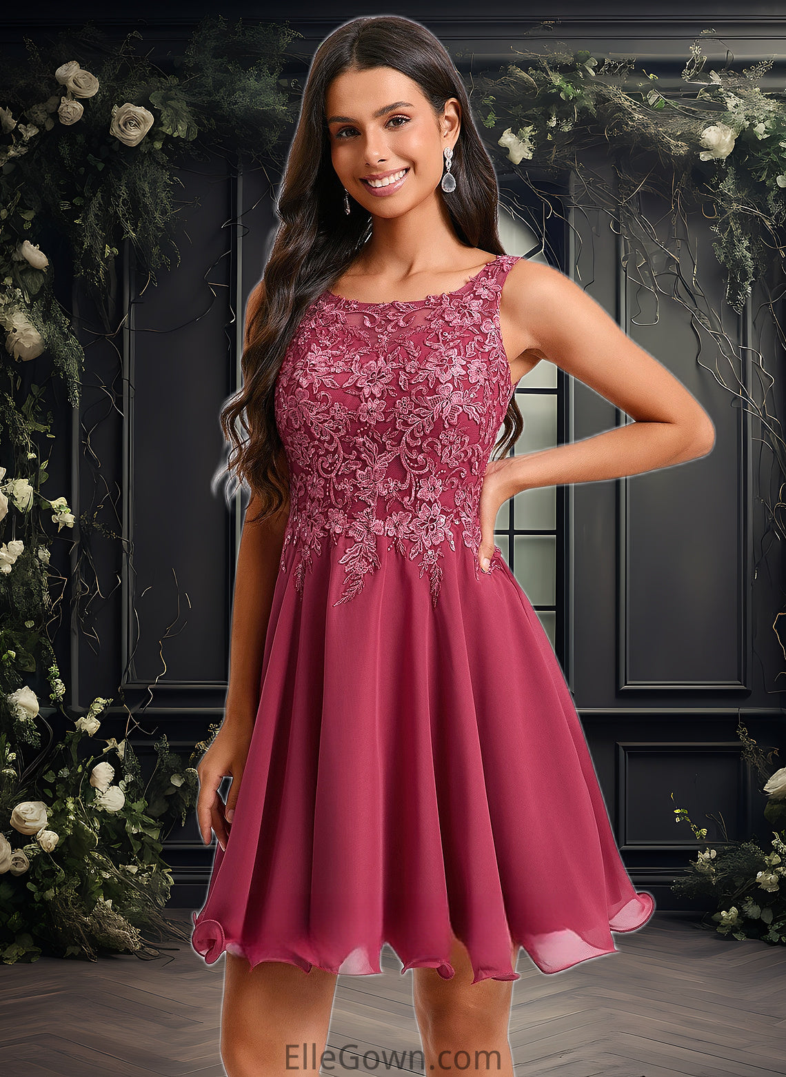 Alisson A-line Scoop Short Chiffon Homecoming Dress With Sequins Appliques Lace DEP0025681