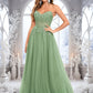 Maeve Ball-Gown/Princess V-Neck Floor-Length Tulle Prom Dresses With Sequins Appliques Lace DEP0025837