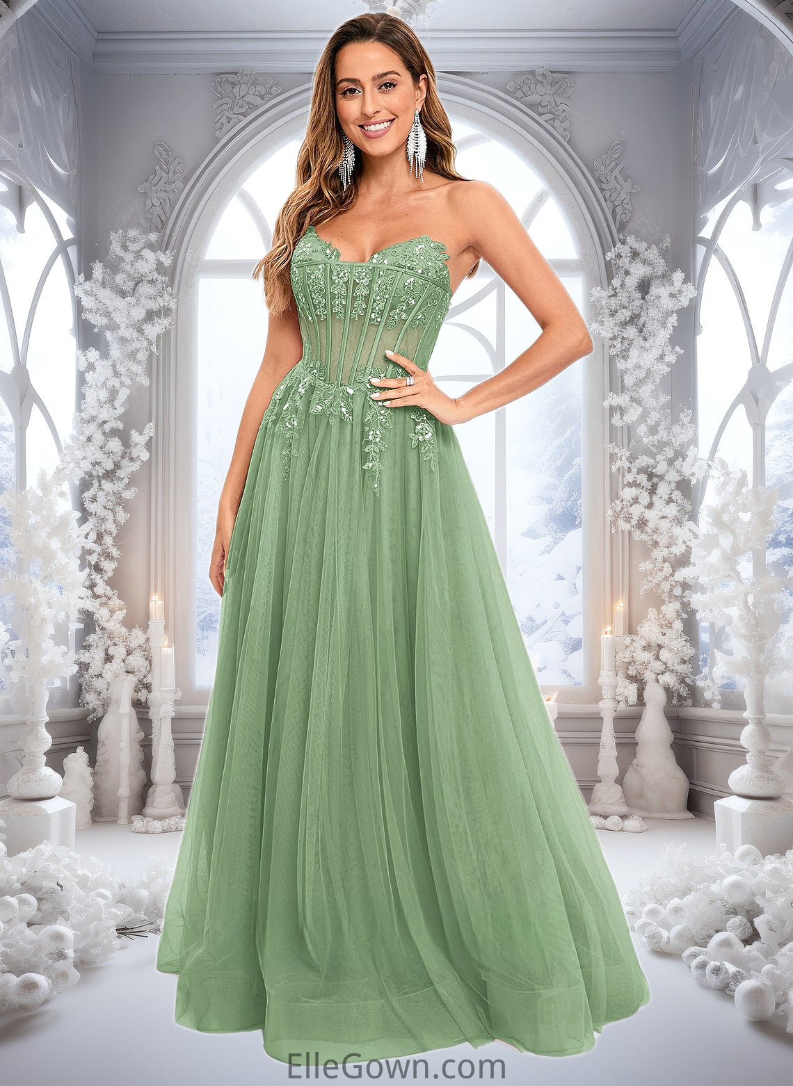 Maeve Ball-Gown/Princess V-Neck Floor-Length Tulle Prom Dresses With Sequins Appliques Lace DEP0025837