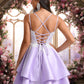 Anabel A-line V-Neck Short Satin Homecoming Dress With Appliques Lace DEP0025696