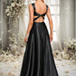 Alisson A-line V-Neck Floor-Length Stretch Satin Prom Dresses With Bow DEP0025882