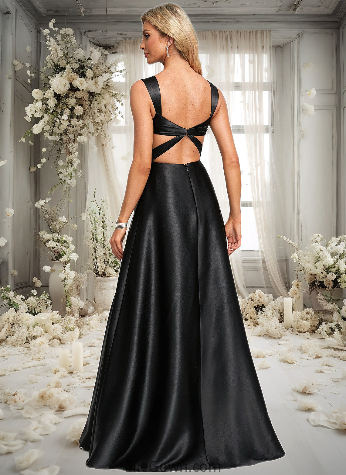 Alisson A-line V-Neck Floor-Length Stretch Satin Prom Dresses With Bow DEP0025882