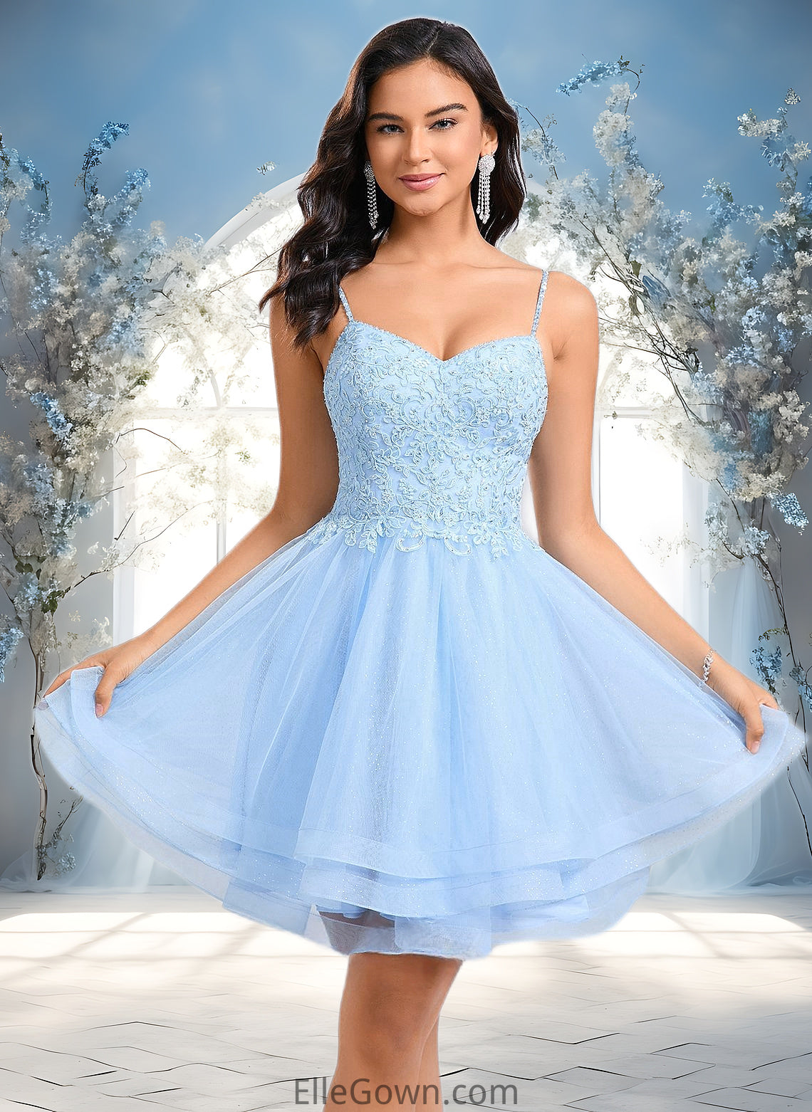 Mildred A-line V-Neck Short Lace Tulle Homecoming Dress With Rhinestone Sequins DEP0025658