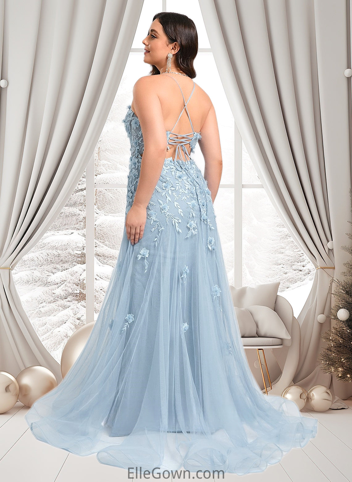 Margery Trumpet/Mermaid Straight Sweep Train Tulle Prom Dresses With Flower DEP0025866