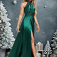 Iris A-line Halter Floor-Length Stretch Satin Bridesmaid Dress With Ruffle DEP0025817