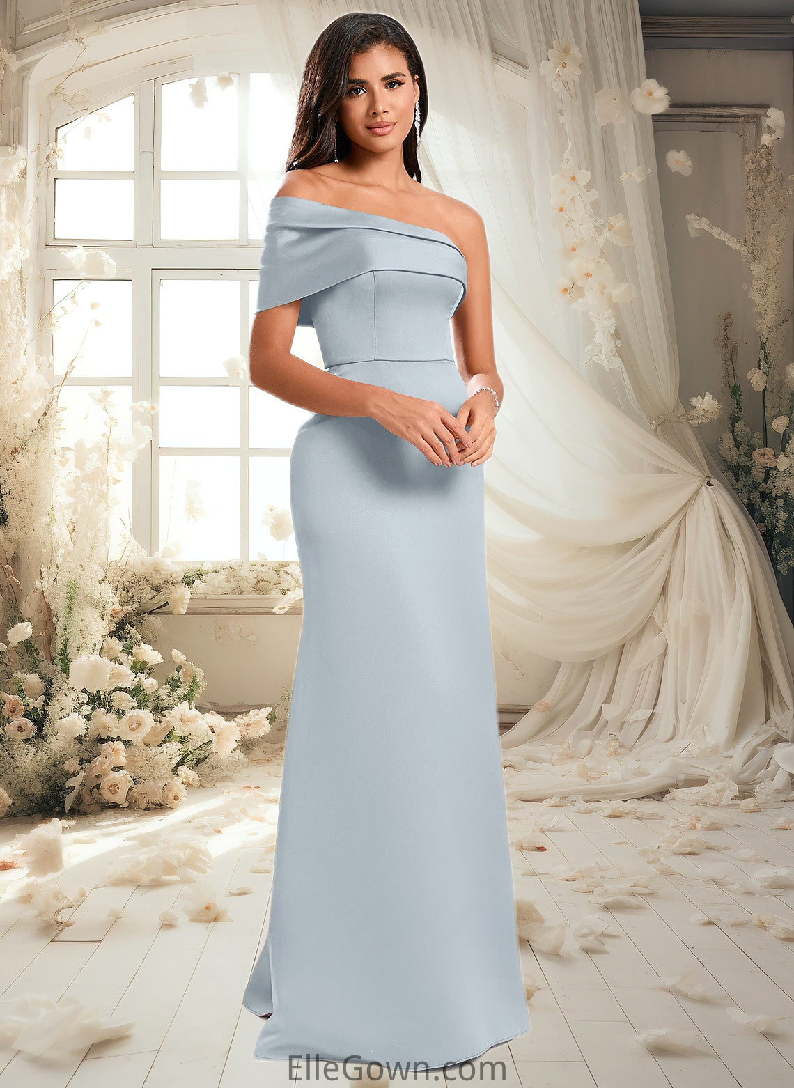 Lillian A-line Asymmetrical Off the Shoulder Floor-Length Satin Prom Dresses DEP0025884