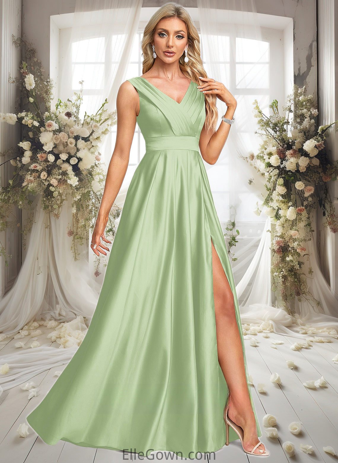 Susie A-line V-Neck Floor-Length Satin Prom Dresses DEP0025877