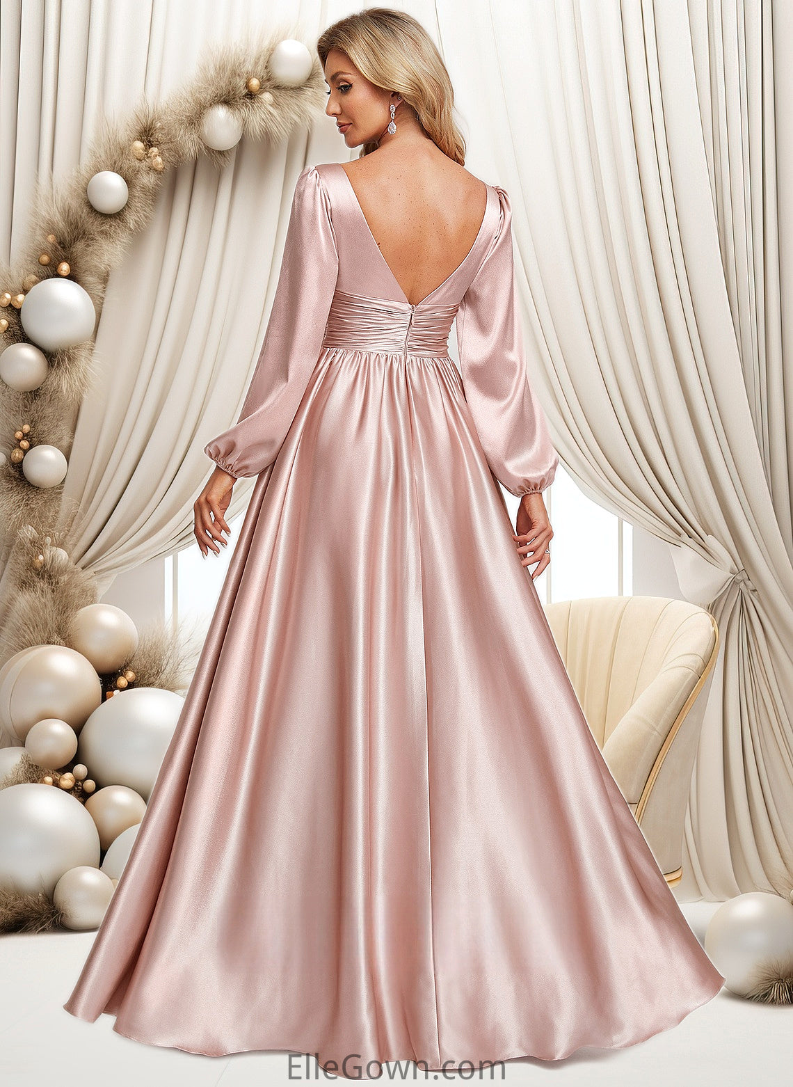 Iyana A-line V-Neck Floor-Length Stretch Satin Prom Dresses DEP0025880