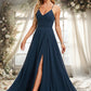 Noelle A-line V-Neck Floor-Length Chiffon Prom Dresses With Pleated DEP0025830