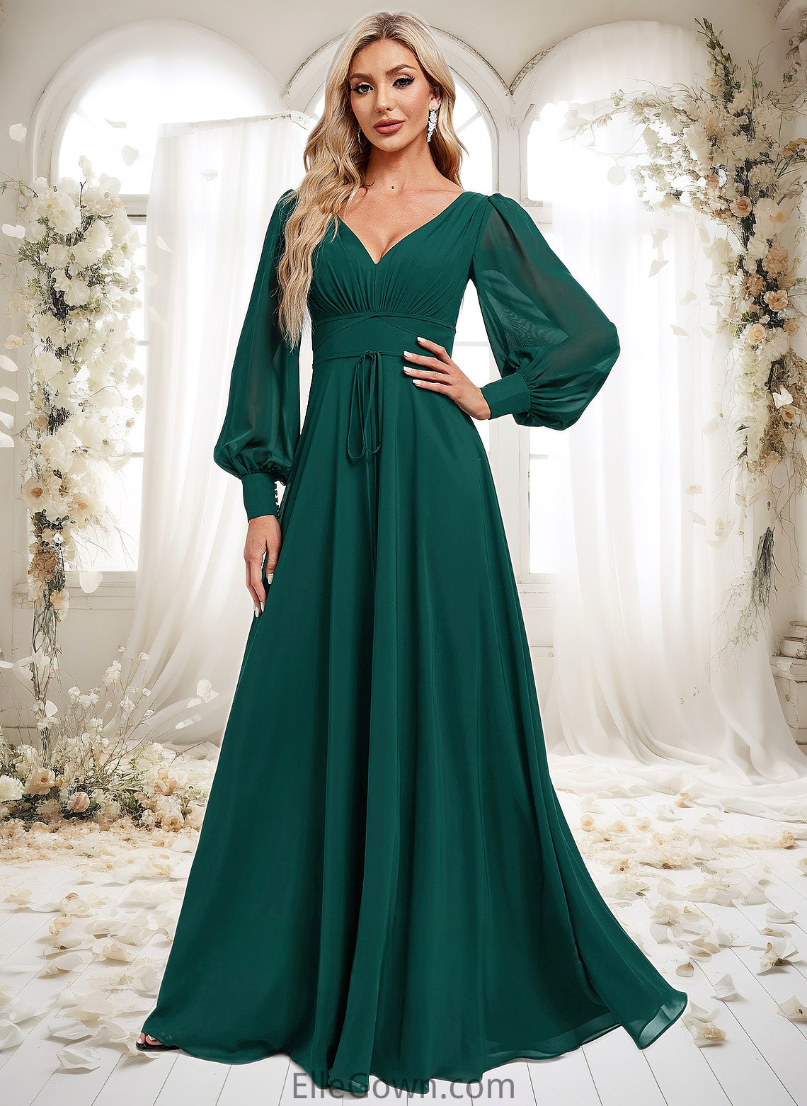 Alannah A-line V-Neck Floor-Length Chiffon Bridesmaid Dress DEP0025816