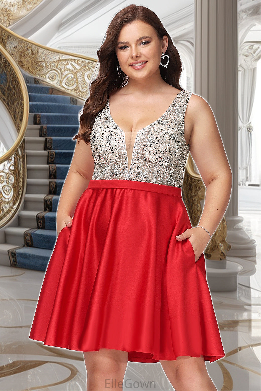 Yamilet A-line V-Neck Short/Mini Satin Homecoming Dress With Beading Sequins DEP0020569