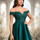 Kenya A-line Off the Shoulder Short Lace Satin Homecoming Dress With Rhinestone DEP0025718