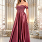 Ciara A-line Off the Shoulder Floor-Length Satin Lace Prom Dresses With Sequins DEP0025841