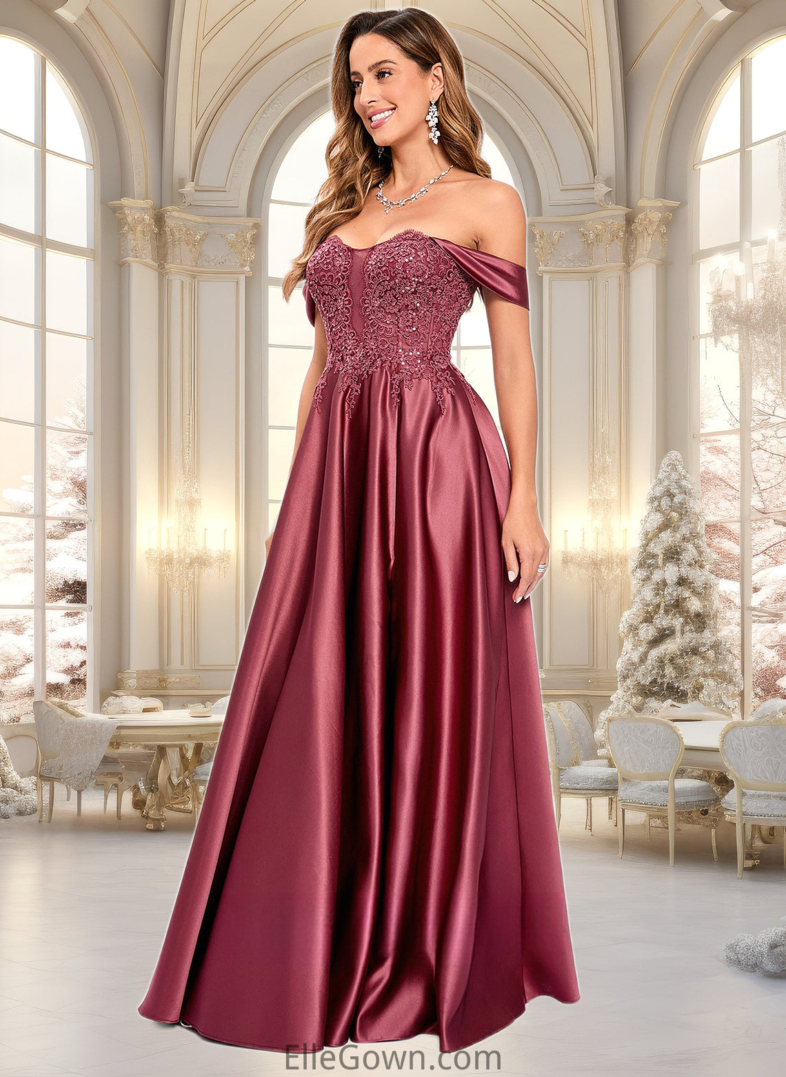 Ciara A-line Off the Shoulder Floor-Length Satin Lace Prom Dresses With Sequins DEP0025841