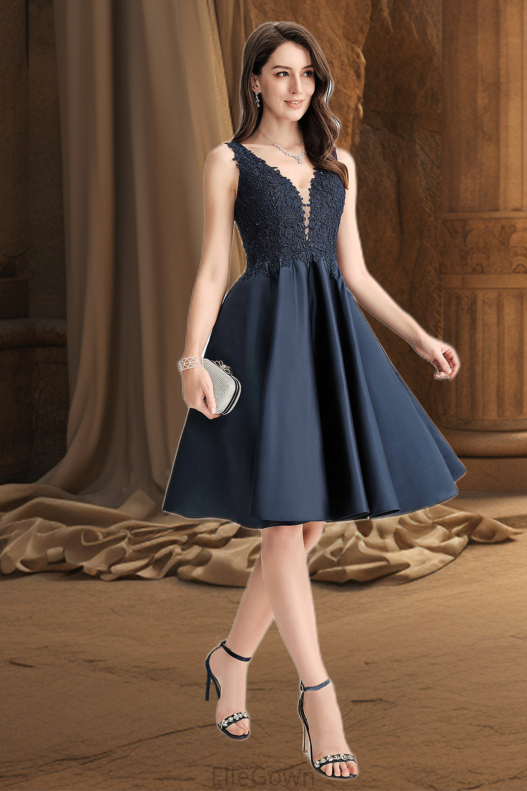 Lia A-line V-Neck Knee-Length Lace Satin Homecoming Dress With Beading DEP0020517