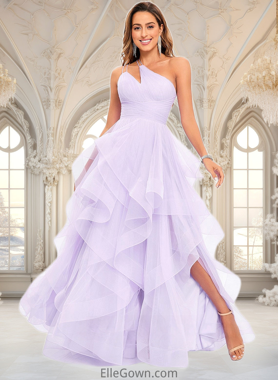 Lynn Ball-Gown/Princess Asymmetrical One Shoulder Floor-Length Tulle Prom Dresses DEP0025867