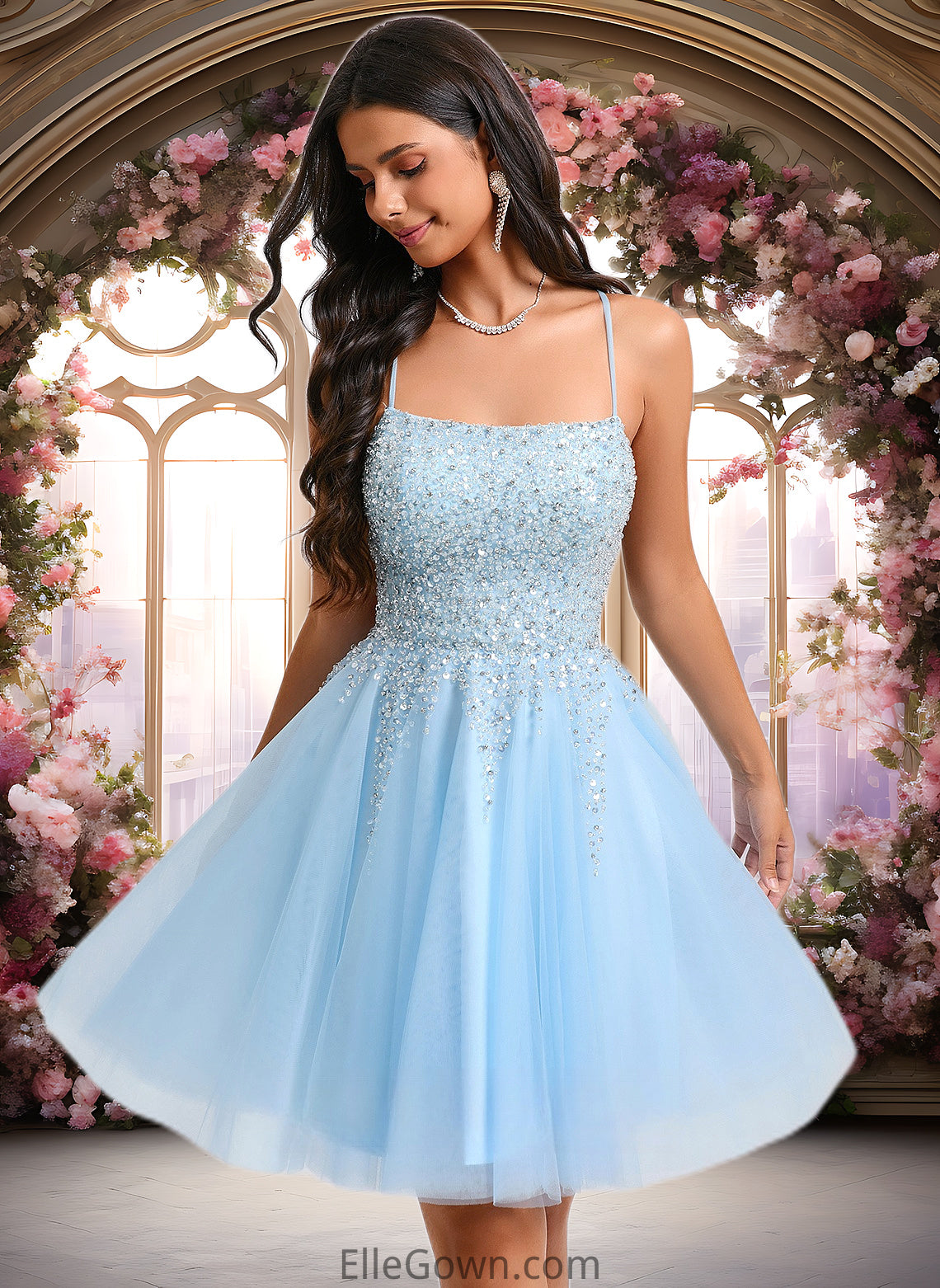 Harriet A-line Scoop Short Tulle Sequin Homecoming Dress With Sequins Beading DEP0025706