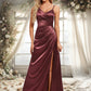 Miya A-line Asymmetrical Floor-Length Stretch Satin Bridesmaid Dress DEP0025828