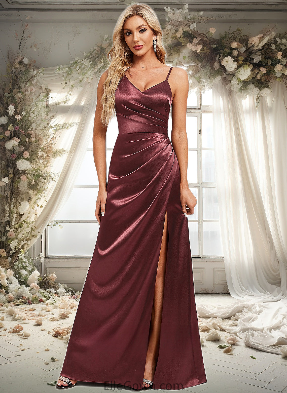 Miya A-line Asymmetrical Floor-Length Stretch Satin Bridesmaid Dress DEP0025828