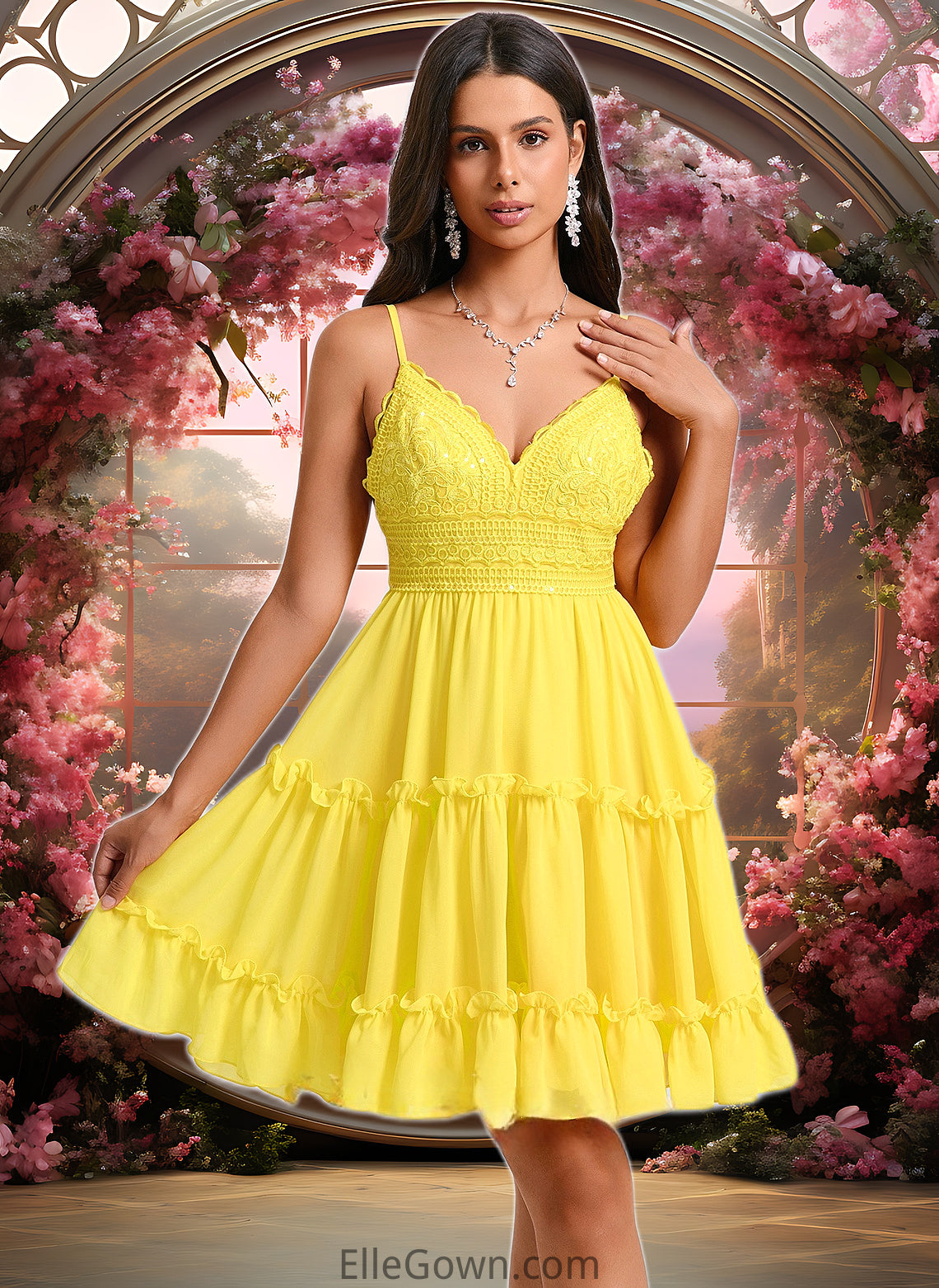 Presley A-line V-Neck Short Chiffon Homecoming Dress With Ruffle Sequins DEP0025700