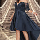 Carla A-line Off the Shoulder Asymmetrical Lace Satin Homecoming Dress With Sequins DEP0020580