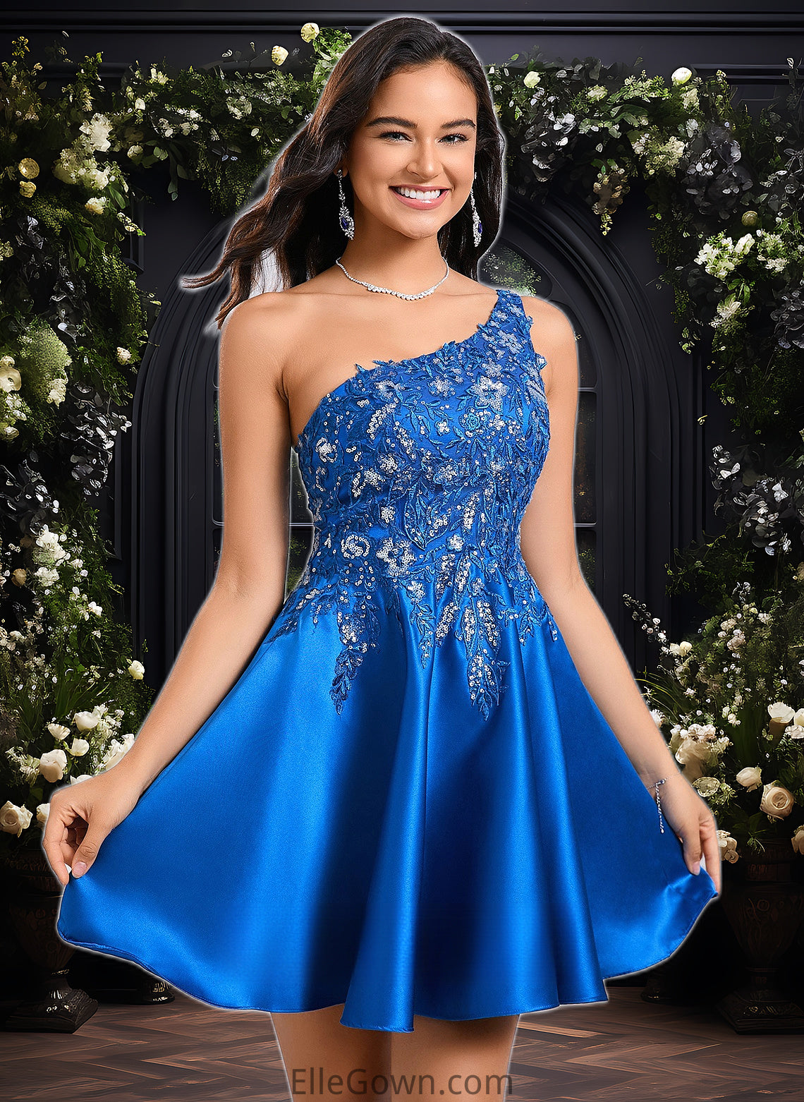 Tara A-line One Shoulder Short Satin Homecoming Dress With Appliques Lace Sequins DEP0025657