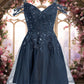 Kelsie A-line V-Neck Short Tulle Lace Homecoming Dress With Sequins DEP0025642