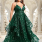 Finley Ball-Gown/Princess V-Neck Floor-Length Lace Floral Prom Dresses With Sequins DEP0025838