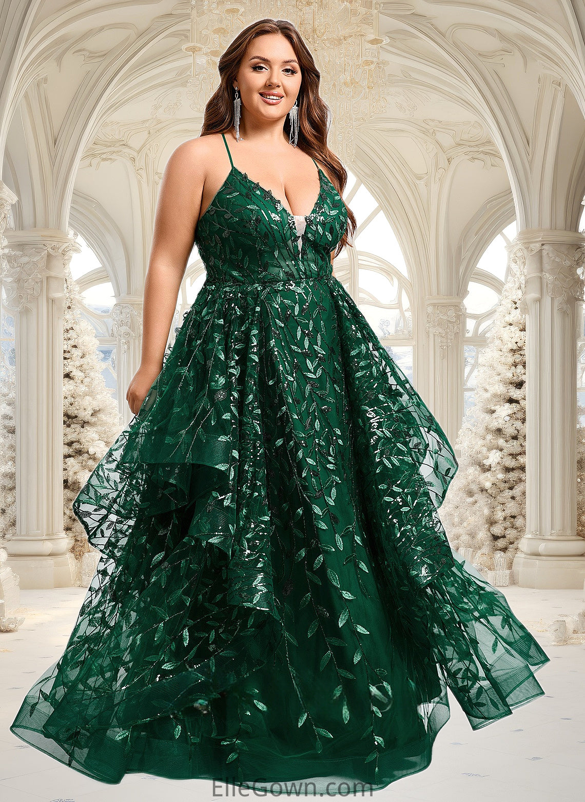 Finley Ball-Gown/Princess V-Neck Floor-Length Lace Floral Prom Dresses With Sequins DEP0025838