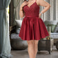 Jimena A-line V-Neck Short/Mini Lace Satin Homecoming Dress With Beading DEP0020554