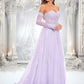 Megan A-line Sweetheart Sweep Train Tulle Prom Dresses With Sequins Appliques Lace DEP0025856