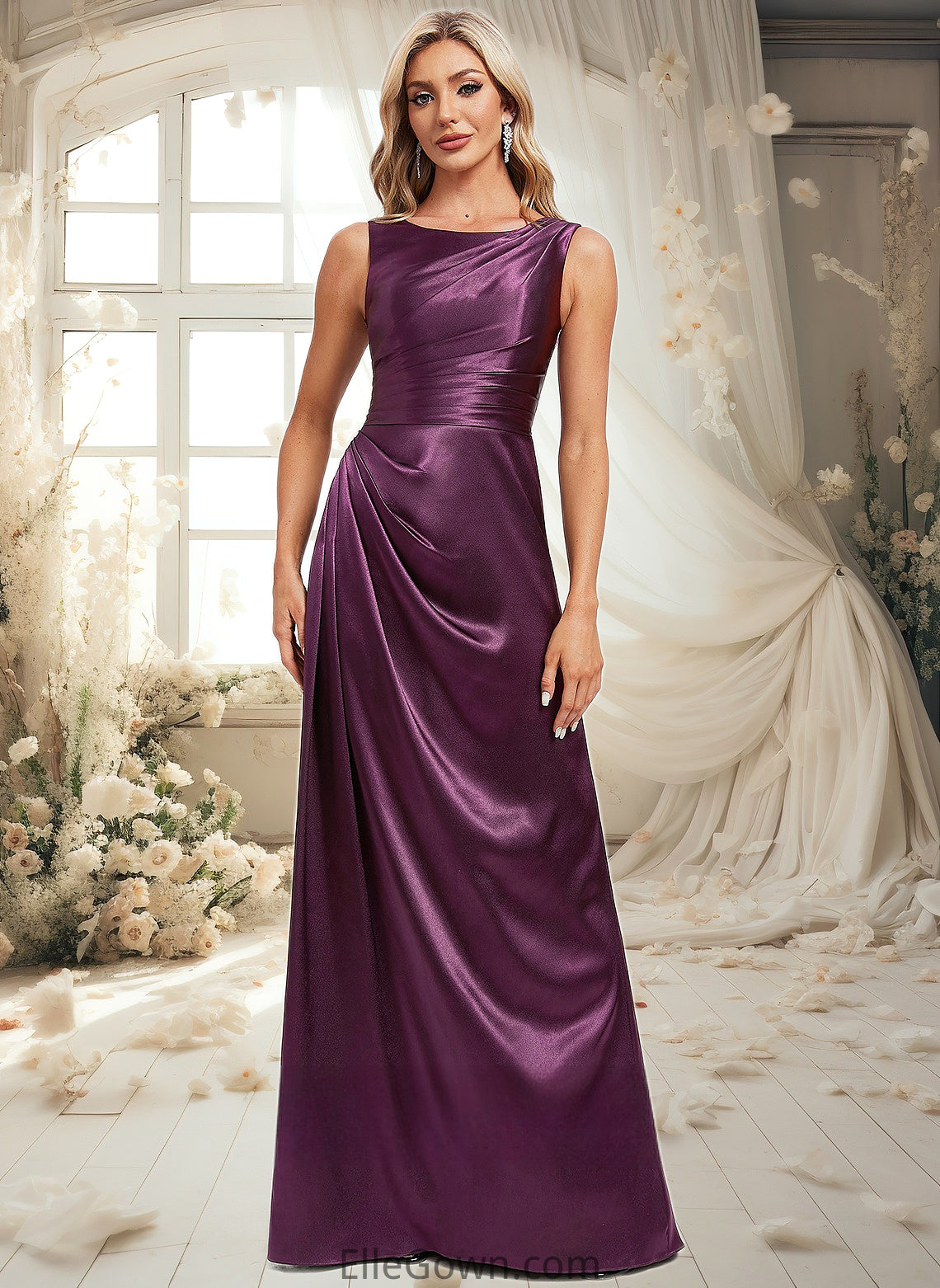 Gia A-line Scoop Floor-Length Stretch Satin Bridesmaid Dress DEP0025829