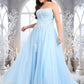 Olga Ball-Gown/Princess Straight Sweep Train Tulle Prom Dresses With Sequins Appliques Lace DEP0025864