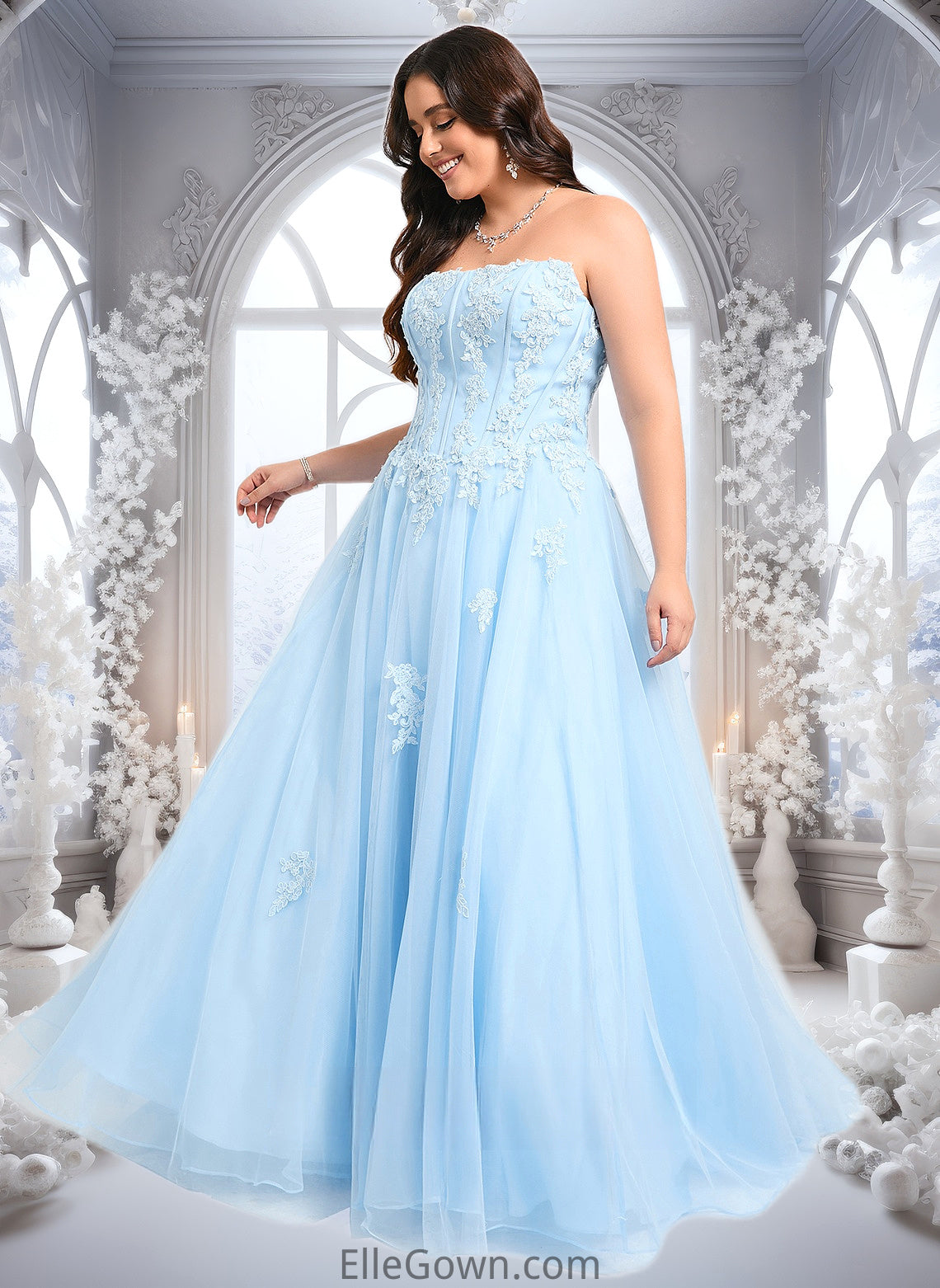 Olga Ball-Gown/Princess Straight Sweep Train Tulle Prom Dresses With Sequins Appliques Lace DEP0025864