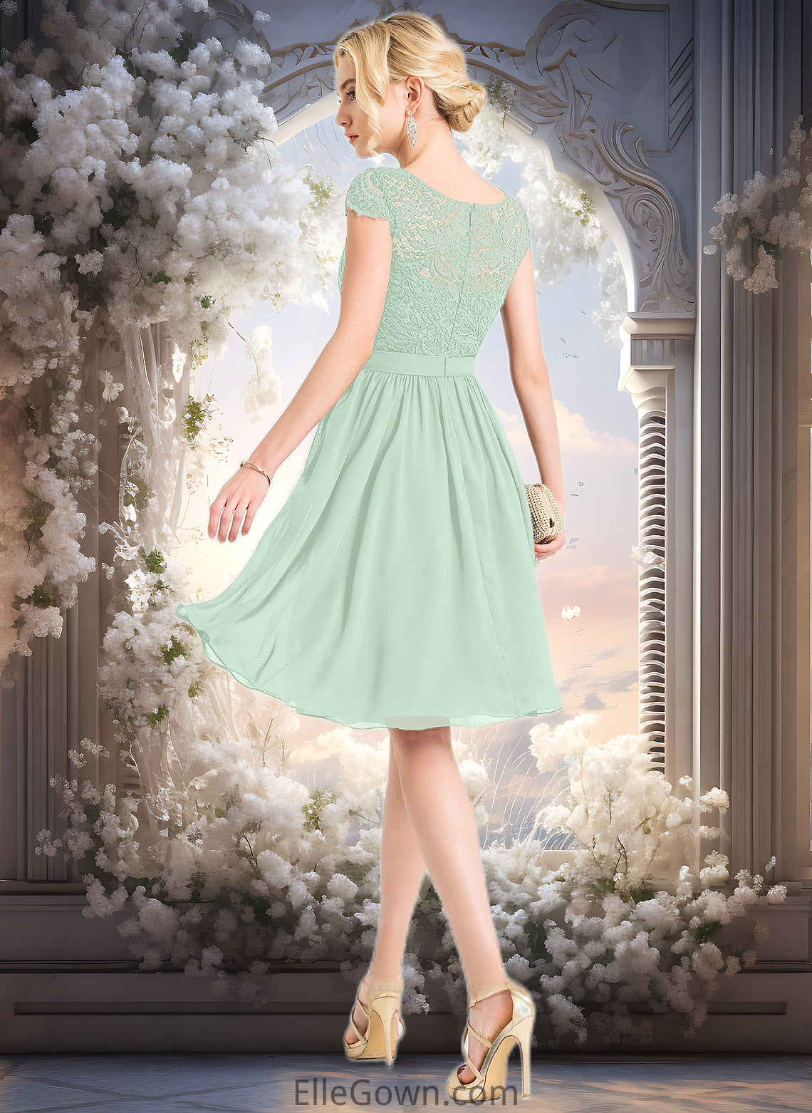 Amira A-line Scoop Knee-Length Lace Chiffon Homecoming Dress DEP0025698