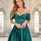 EmeryPiper A-line Off the Shoulder Floor-Length Satin Prom Dresses With Pleated DEP0025851