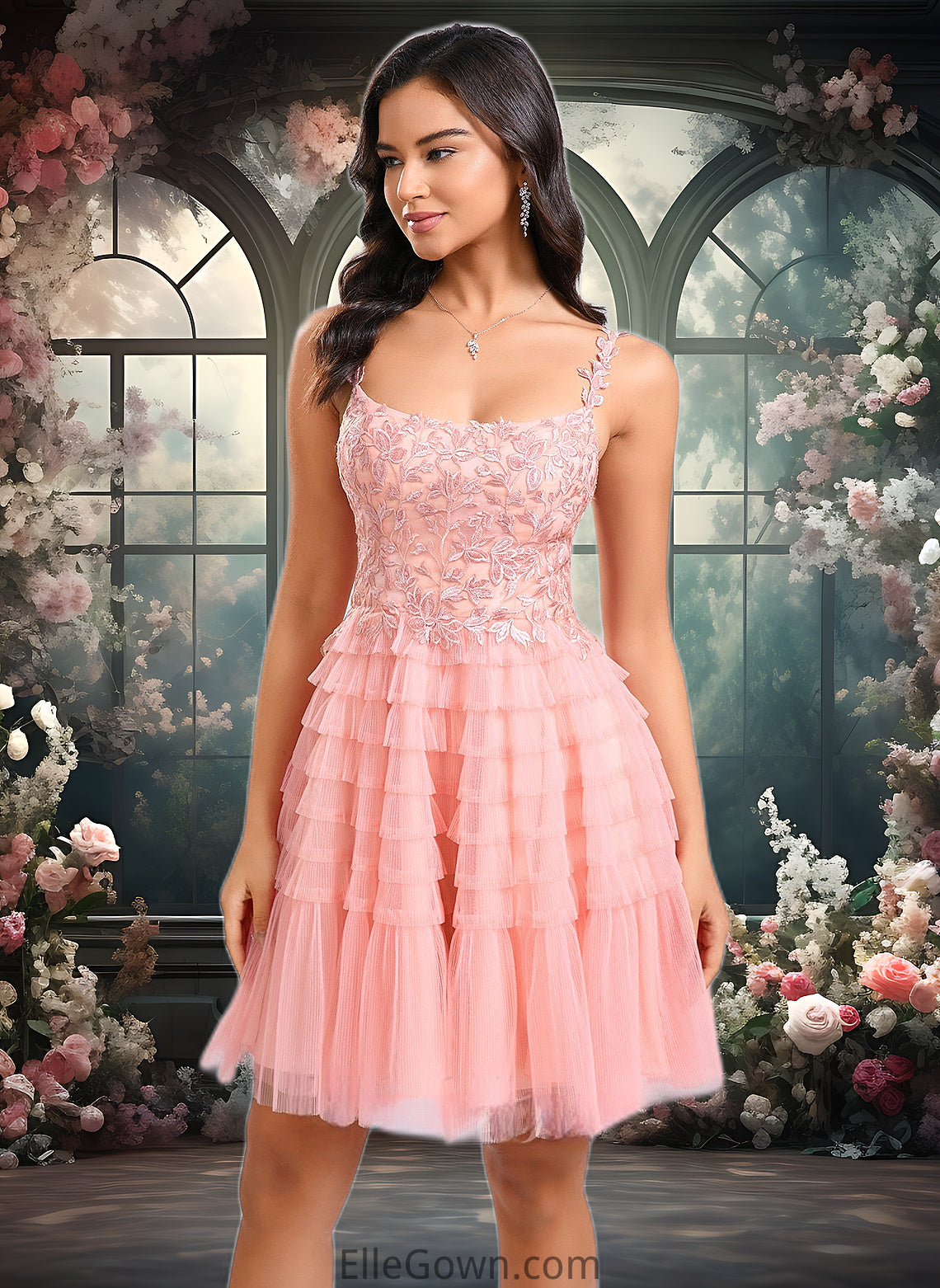 Dania Ball-Gown/Princess Scoop Short Tulle Lace Homecoming Dress With Ruffle DEP0025676