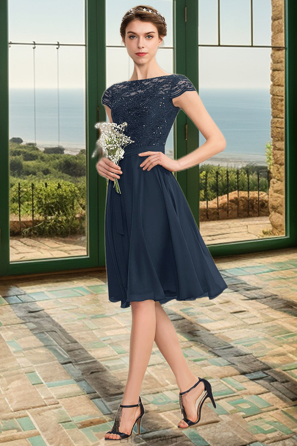 Jewel A-line Scoop Knee-Length Chiffon Lace Homecoming Dress With Bow DEP0020581