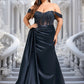 Stephanie Trumpet/Mermaid Off the Shoulder Sweep Train Satin Prom Dresses With Sequins Appliques Lace DEP0025835