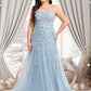 Margery Trumpet/Mermaid Straight Sweep Train Tulle Prom Dresses With Flower DEP0025866