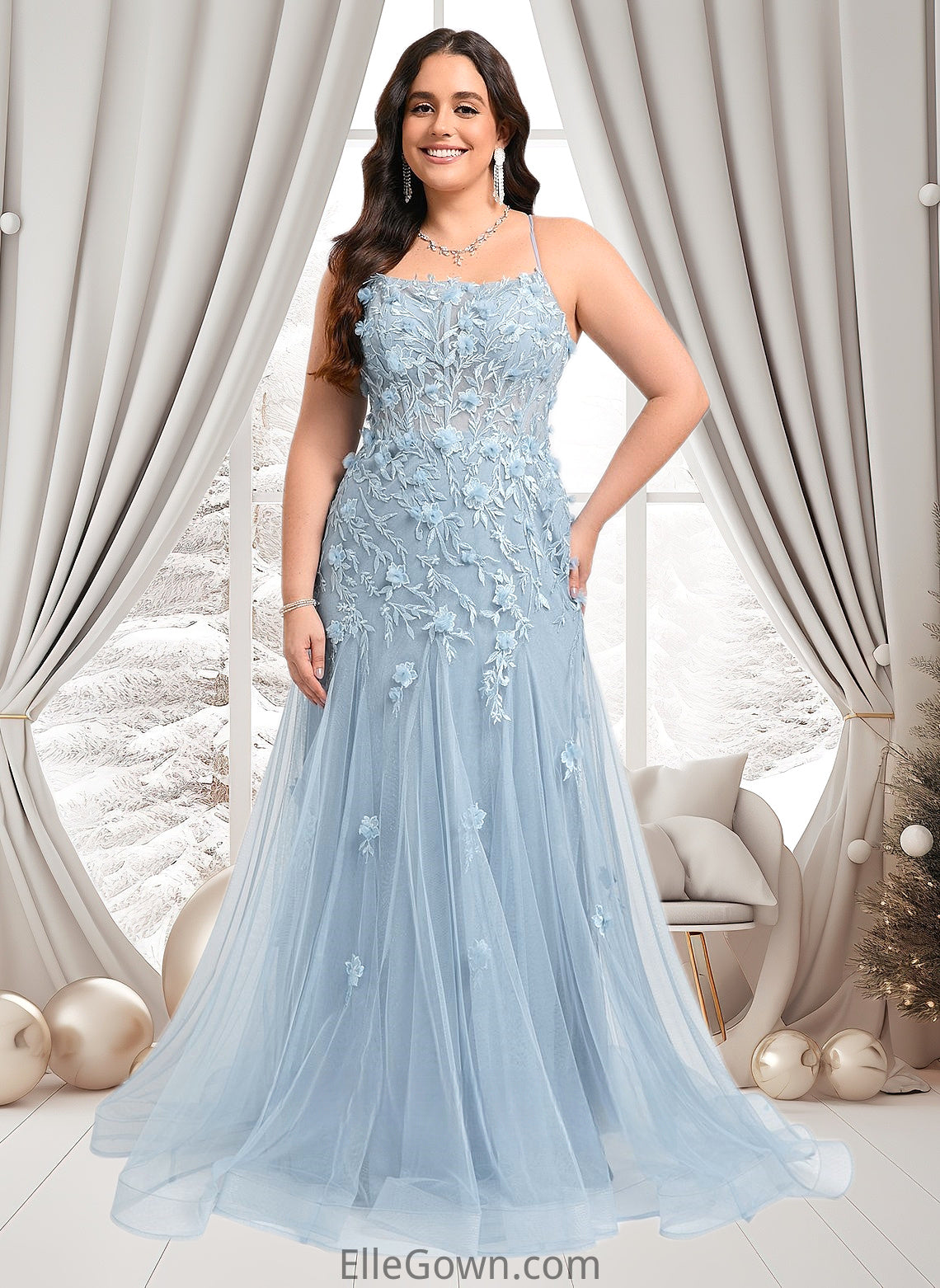 Margery Trumpet/Mermaid Straight Sweep Train Tulle Prom Dresses With Flower DEP0025866